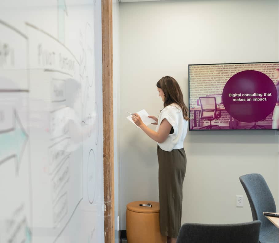 Standing and whiteboarding at a wall.