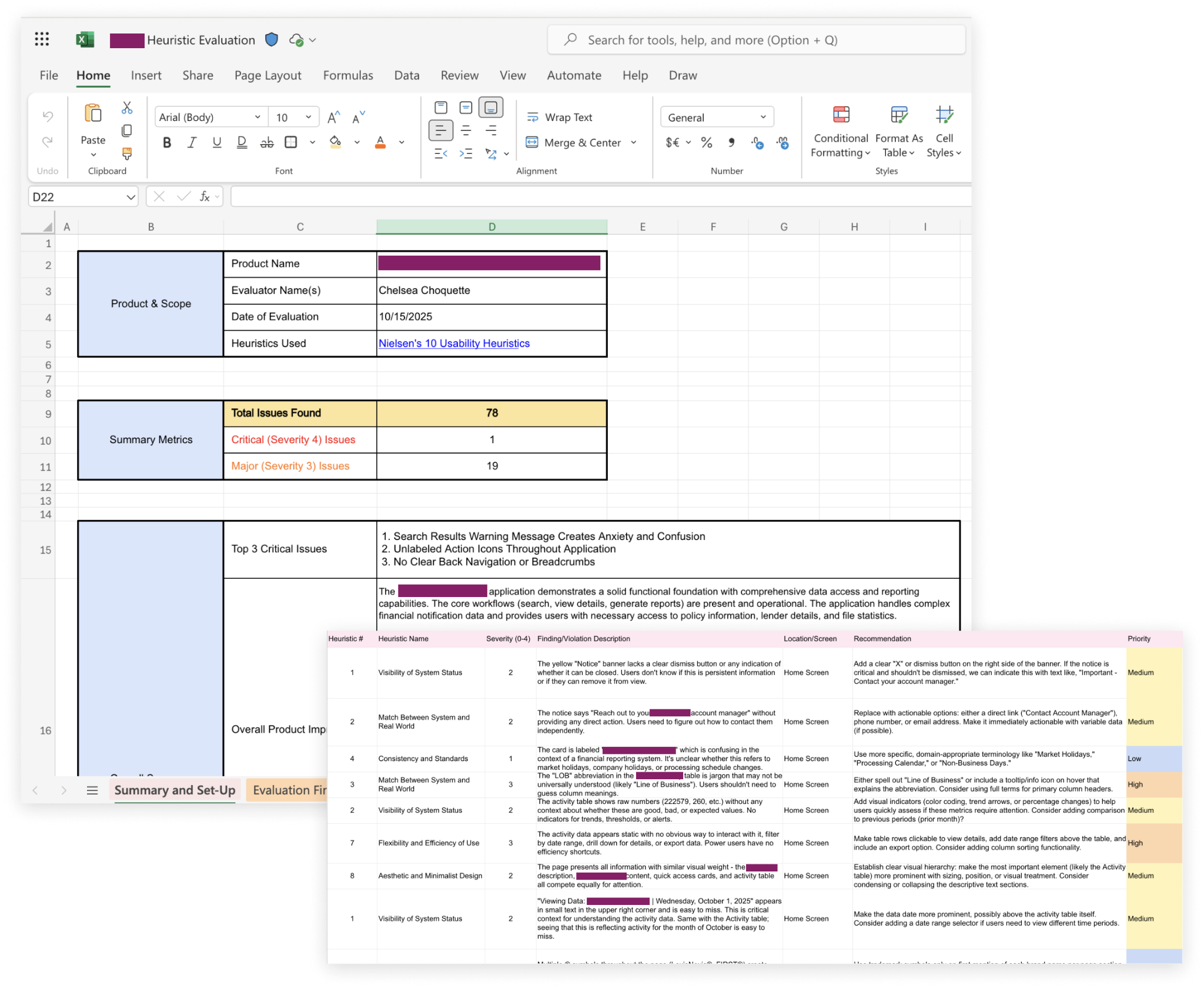 Heuristic evaluation and current-state audit spreadsheet