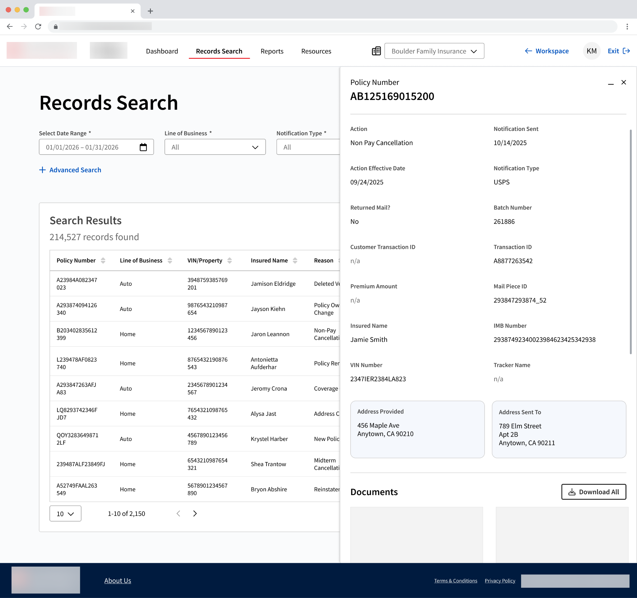 Records search results with policy detail panel open