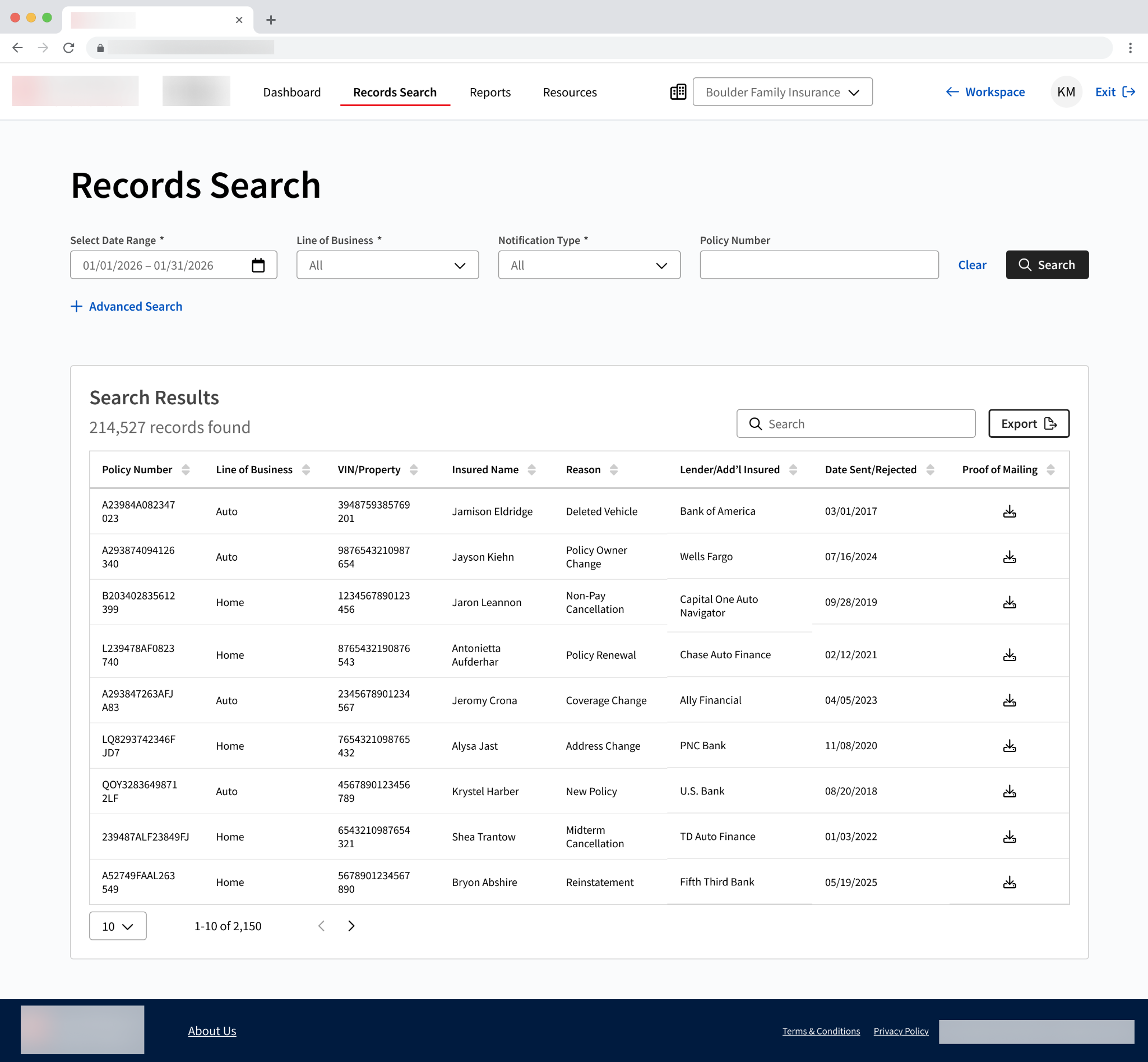Records search results list view