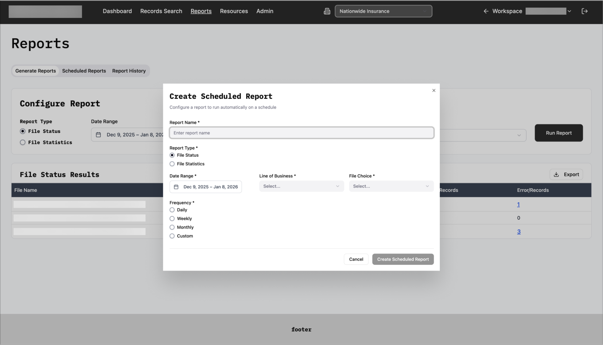 Automated scheduled report configuration screen