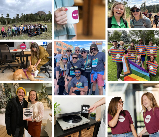A collage of photos highlighting Tonic's impact initiatives and company culture